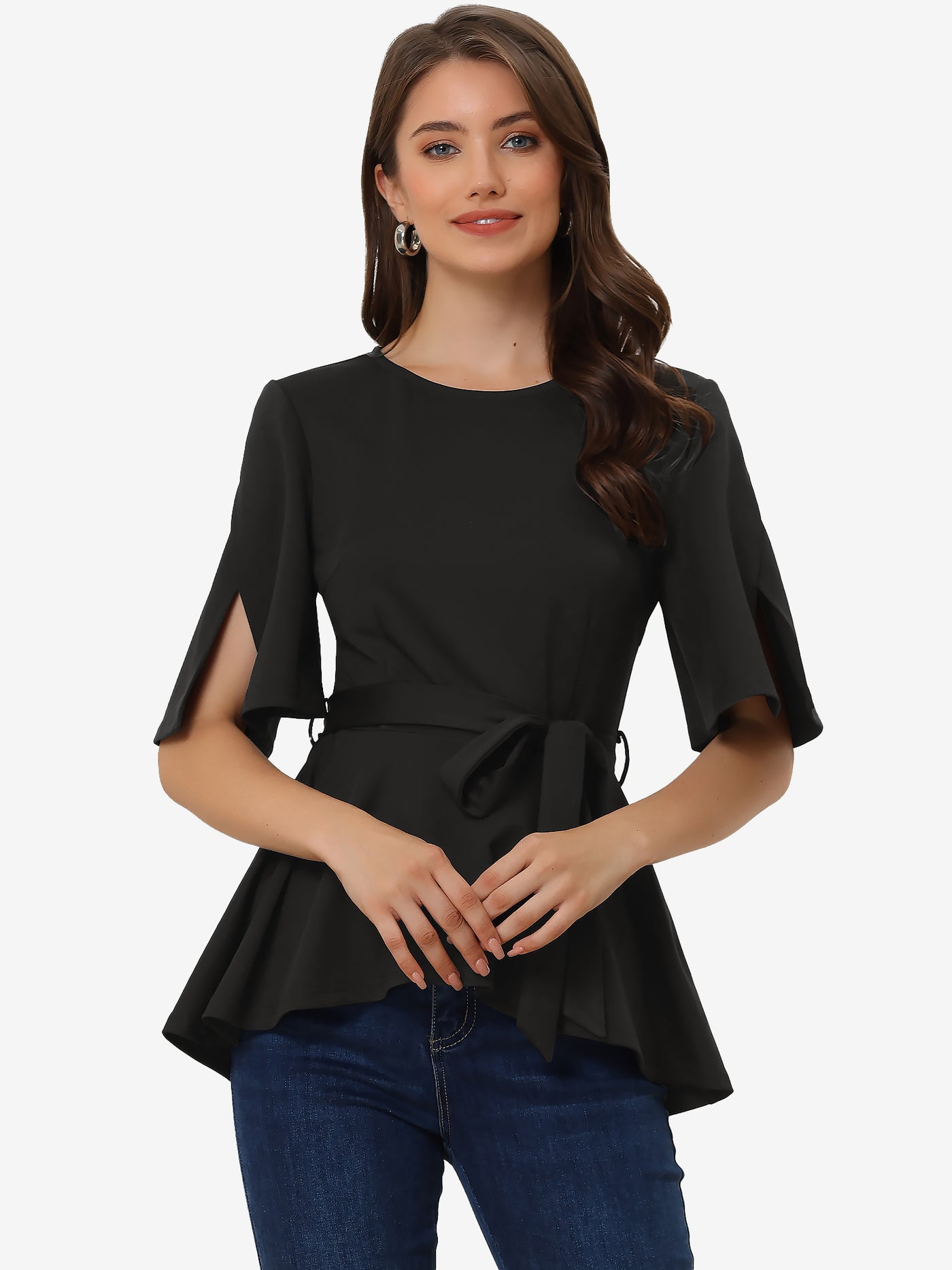 Allegra K Split Half Sleeve Crew Neck Belted Knot Drap Casual Peplum Blouse