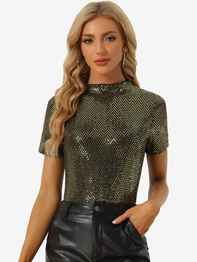 Sequin Top Short Sleeve Mock Neck Sparkly Party Blouse