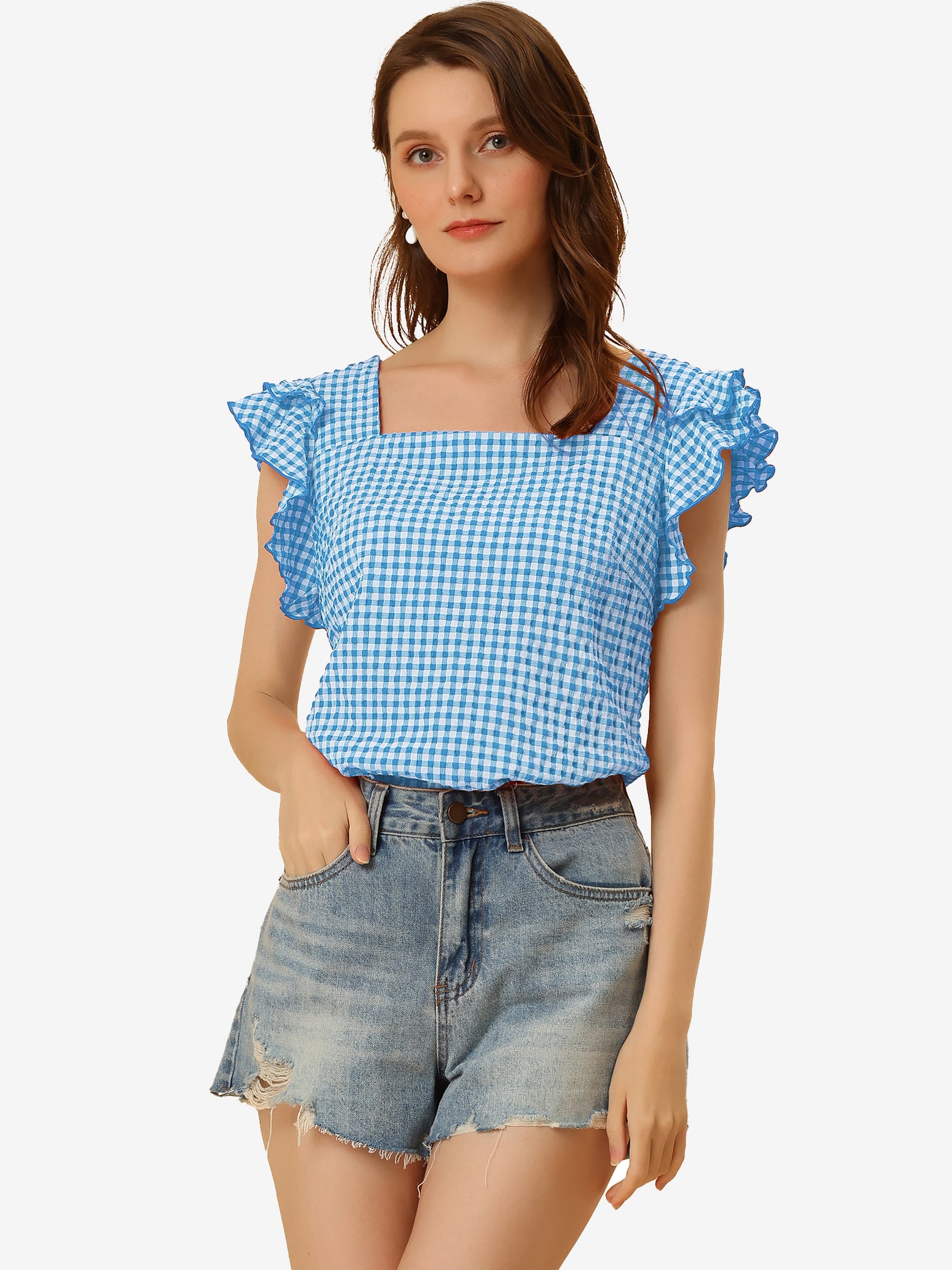 Allegra K Summer Gingham Tops Square Neck Ruffle Cap Sleeve Blouse