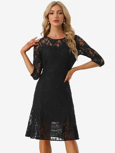 Elegant Lace 3/4 Sleeves Ruffles Bodycon Fishtail Dress