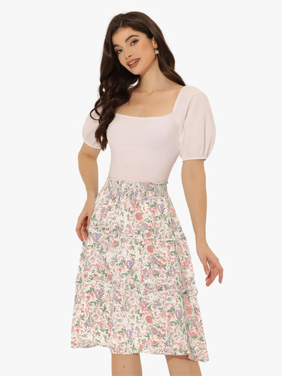 Floral Smocked Elastic Waist Knee Length Ruffle Tiered Skirt