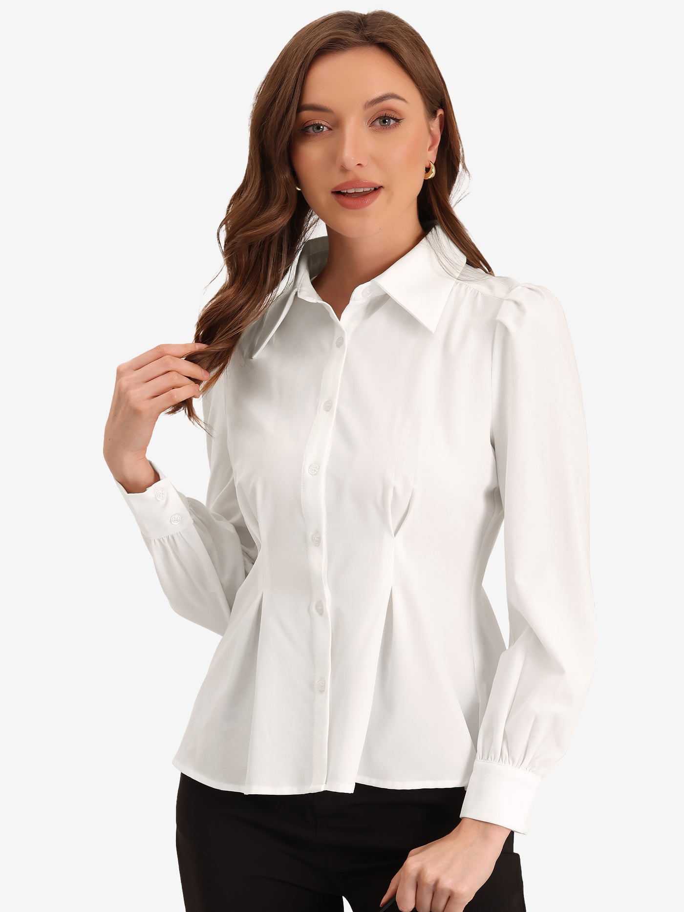 Allegra K Lapel Ruffle Waist Long Sleeve Button Up Office Work Blouse