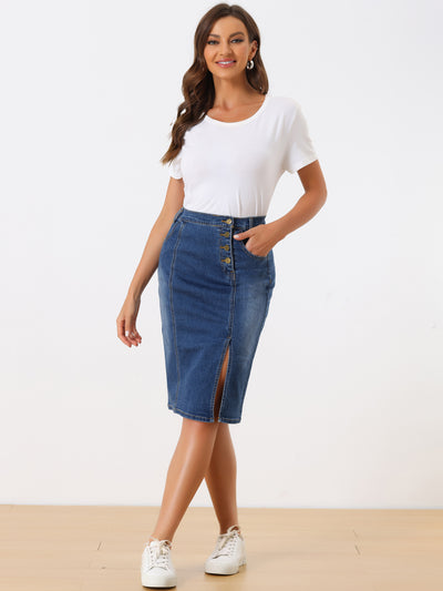 Denim Button Decor Side Slit Slash Pocket Knee Length Skirt