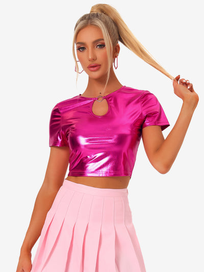 Metallic Keyhole Short Sleeve Party Shiny Holographic Crop Top