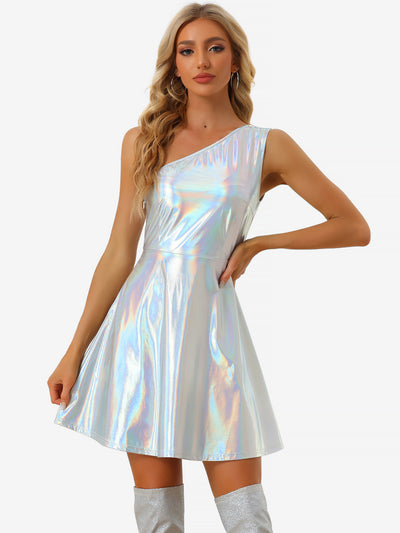 Metallic Sleeveless One Shoulder Party Disco Holographic Dress