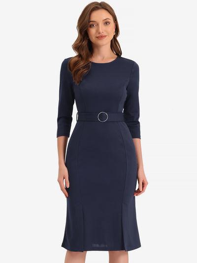 Crew Neck 3/4 Sleeve Slit Office Belted Pencil Sheath Dress