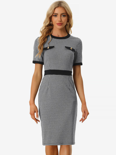 Allegra K Plaid Houndstooth Short Sleeve Contrast Bodycon Dress