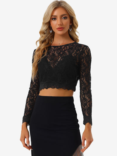 Allegra K Sheer Long Sleeve Crew Neck Sexy Lace Cropped Top Blouse