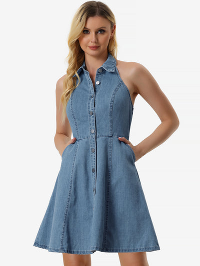 Denim Halter Neck Button Down Backless A-Line Mini Shirt Dress