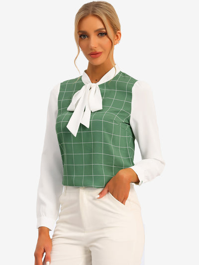 Work Plaid Contrast Color Bow Tie Neck Long Sleeve Blouse