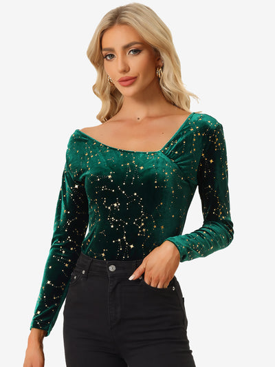 Allegra K Velvet Stars Top Long Sleeve Off Shoulder Sexy Party Shirt