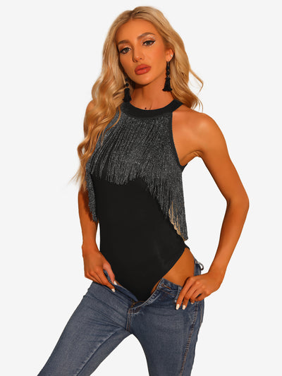 Party Sleeveless Halter Neck Fringe Trim Bodycon Bodysuit