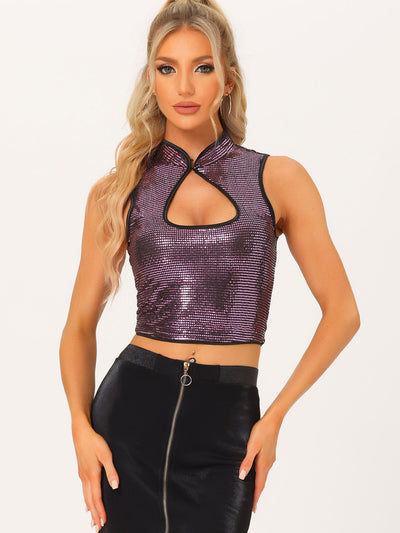 Sleeveless Cut Out Front Crop Tank Slim Fitted Sequins Top