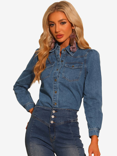 Casual Denim Shirt Button Down Puff Long Sleeve Jean Blouse