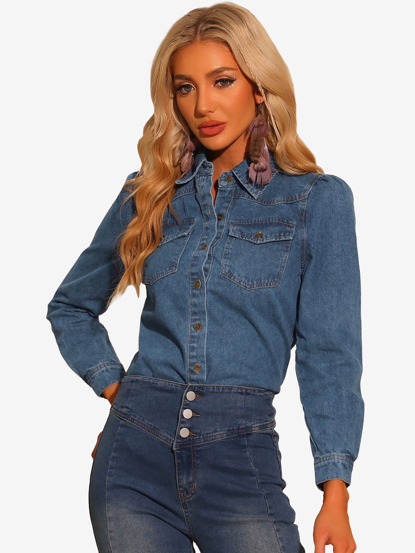 Allegra K Casual Denim Shirt Button Down Puff Long Sleeve Jean Blouse