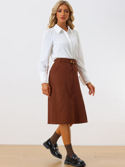 High Waist Elastic Back A-Line Belted Corduroy Pockets Midi Skirt