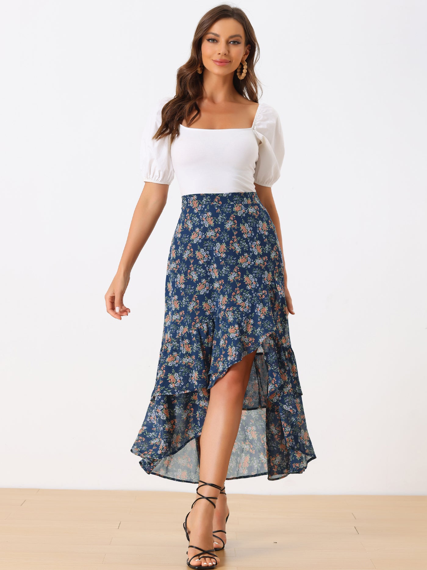 Allegra K Asymmetrical Ruffle Wrap Tiered Chiffon Floral Skirt