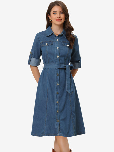 Denim Button Down Long Sleeve Belted Classic Jean Shirt Dress