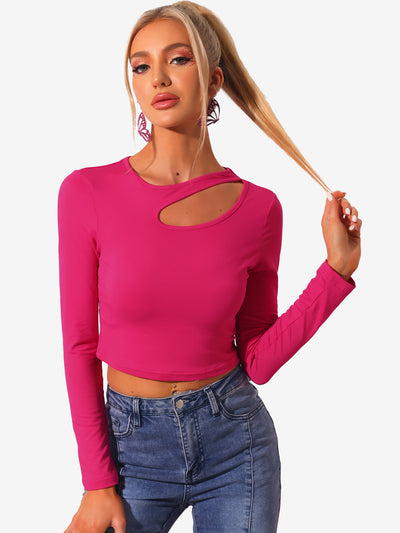 Allegra K Long Sleeve Casual Cut Out Slim Fitted Basic Crop Tee Tops