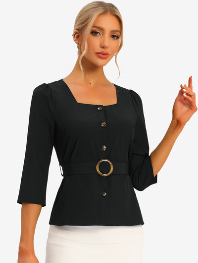 Elegant Square Neck 3/4 Sleeve Belted Button Front Work Blouse