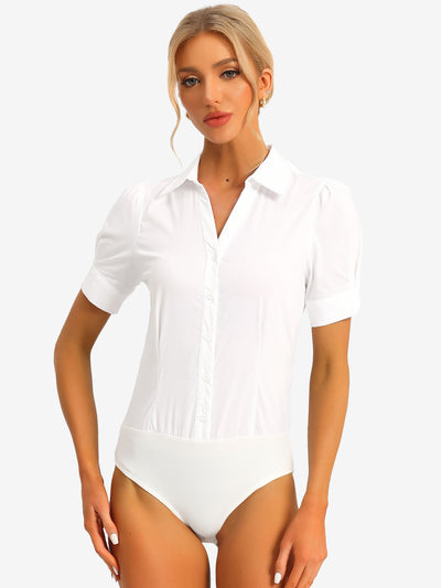 Button Down Leotard Shirt Short Sleeve Collared Business Work Bodysuit