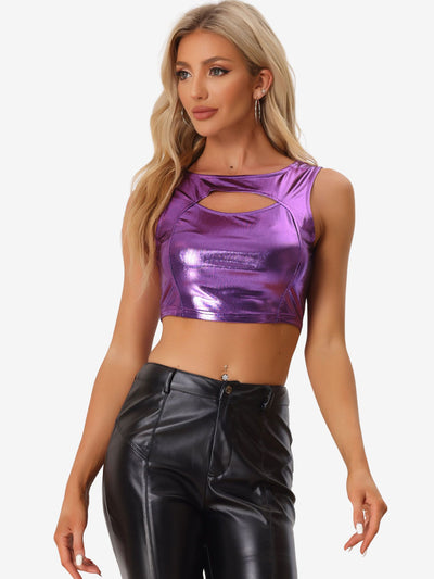 Allegra K Metallic Shiny Sleeveless Cut Out Party Holographic Tank Crop Top
