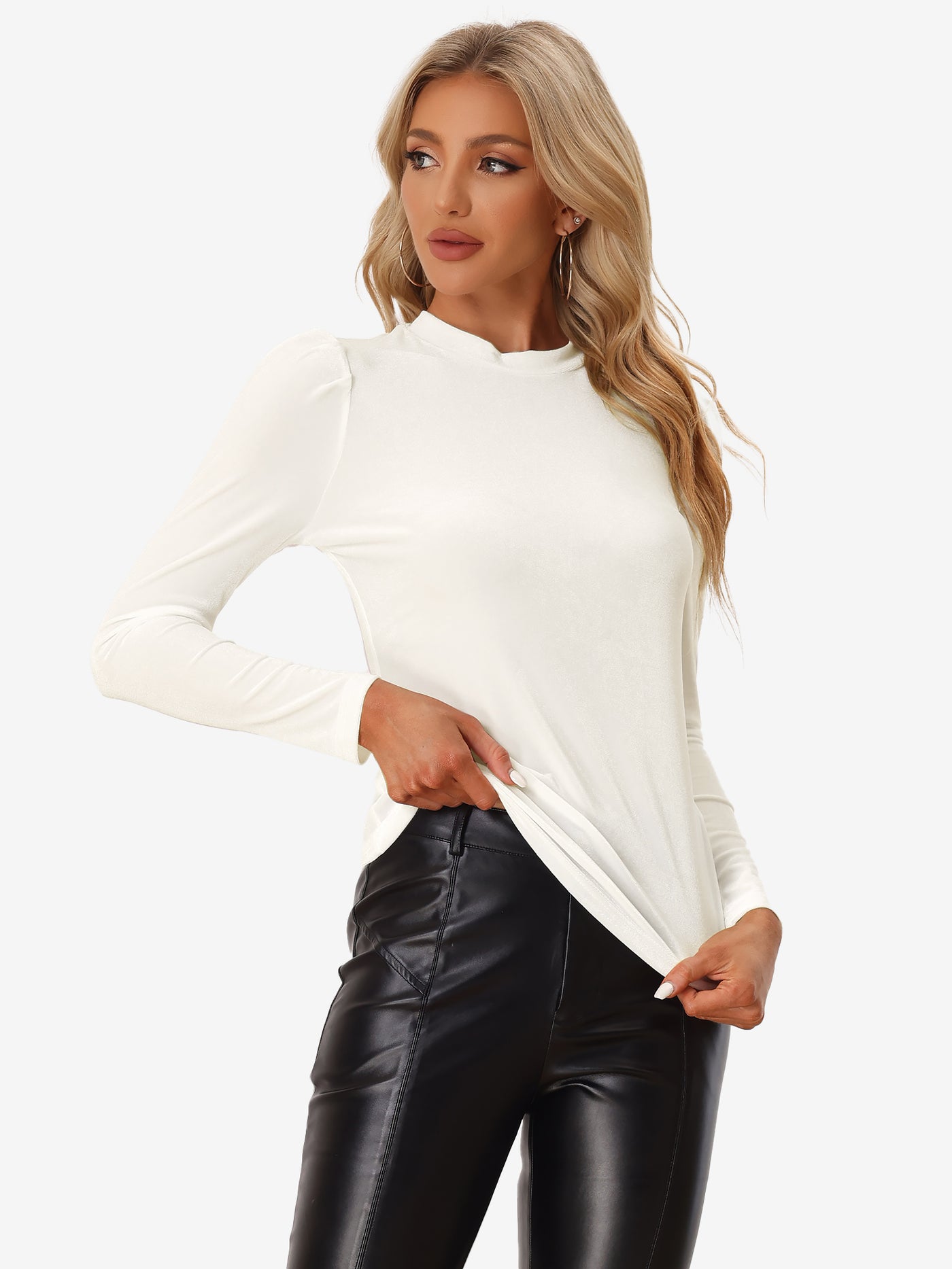 Allegra K Metallic Velvet Puff Long Sleeve Mock Neck Glitter T-shirt