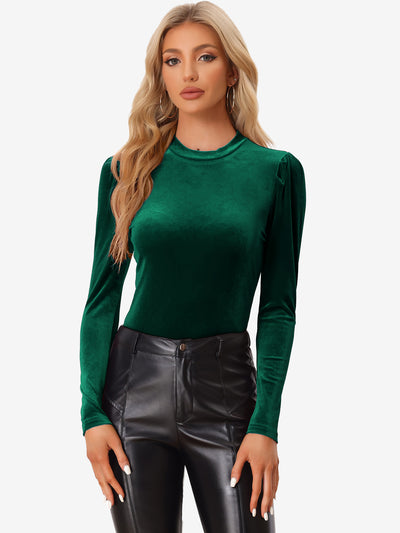 Metallic Velvet Puff Long Sleeve Mock Neck Glitter T-shirt