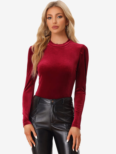 Metallic Velvet Puff Long Sleeve Mock Neck Glitter T-shirt