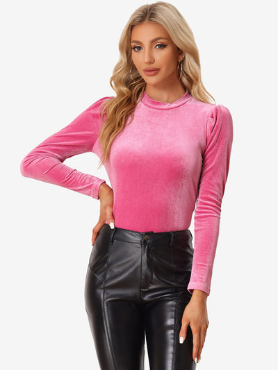 Metallic Velvet Puff Long Sleeve Mock Neck Glitter T-shirt