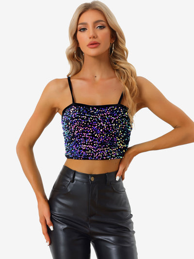 Allegra K Sequined Velvet Spaghetti Strap Club Party Cropped Cami Top