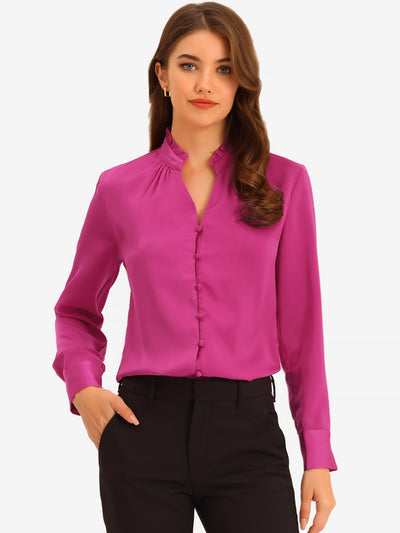 Ruffled Stand Collar Shirt Long Sleeve Button Elegant Satin Blouse