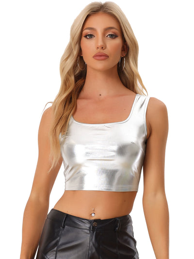 U Neck Sleeveless Party Holographic Shiny Metallic Crop Top