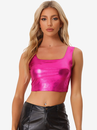 Sleeveless U Neck Party Holographic Shiny Metallic Crop Top