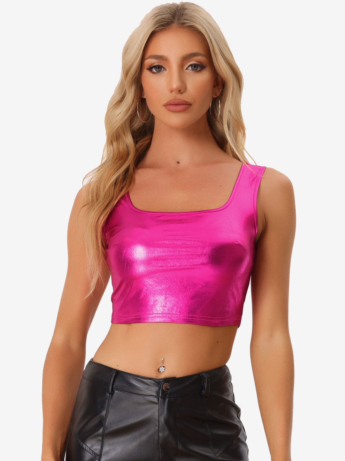 Allegra K Sleeveless U Neck Party Holographic Shiny Metallic Crop Top