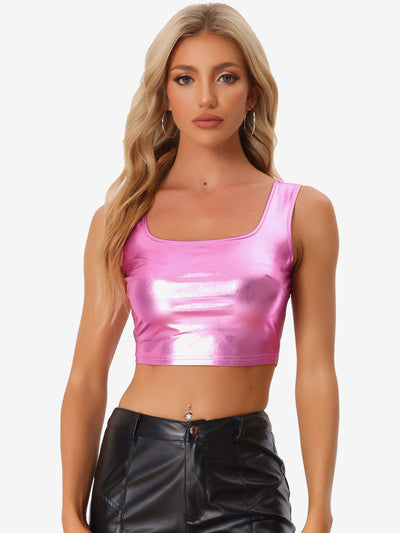 U Neck Sleeveless Party Holographic Shiny Metallic Crop Top