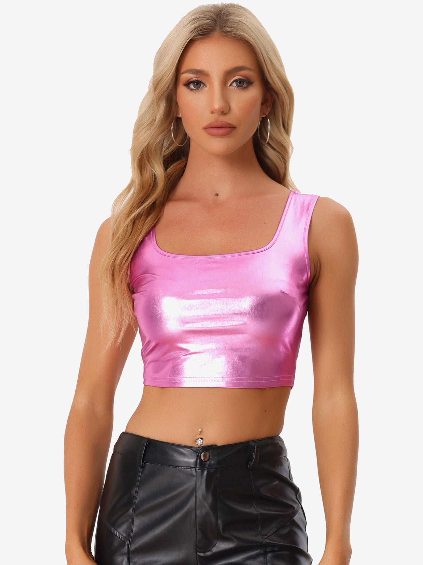 Allegra K U Neck Sleeveless Party Holographic Shiny Metallic Crop Top