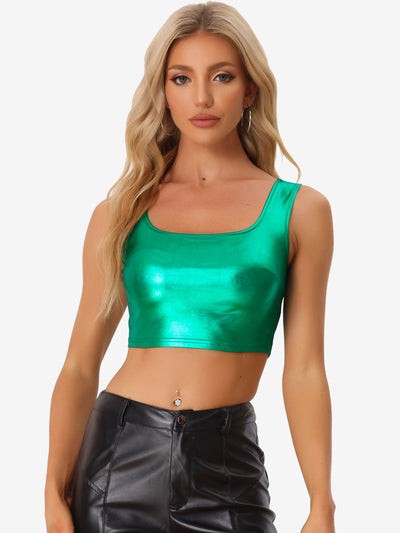 U Neck Sleeveless Party Holographic Shiny Metallic Crop Top