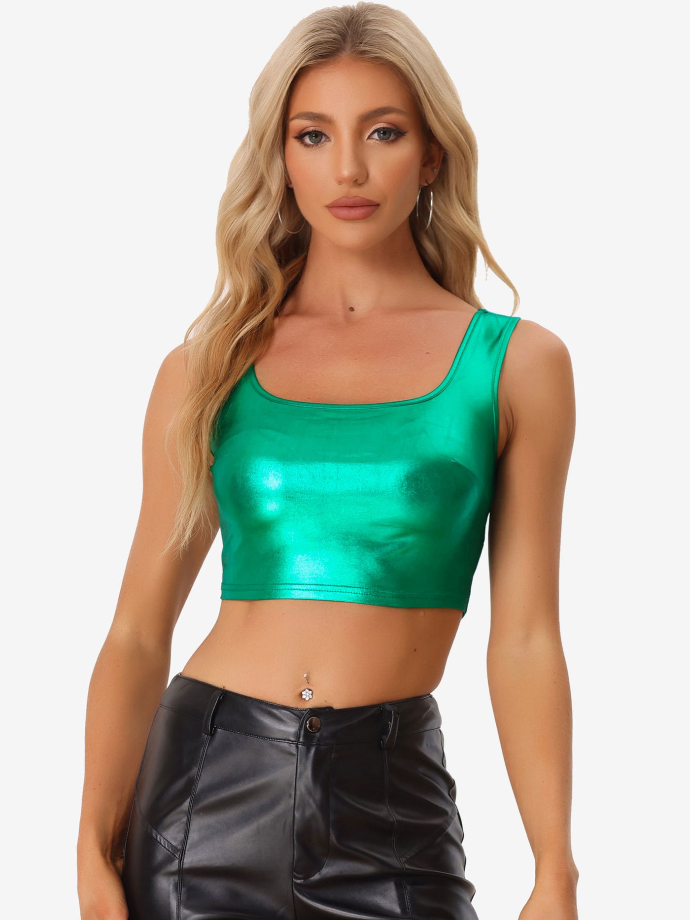 Allegra K U Neck Sleeveless Party Holographic Shiny Metallic Crop Top