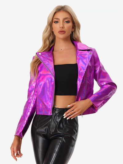 Metallic Biker Holographic Shiny Zipper Notched Jackets