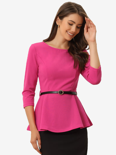 3/4 Sleeve Belted Peplum Elegant Business Work Blouse