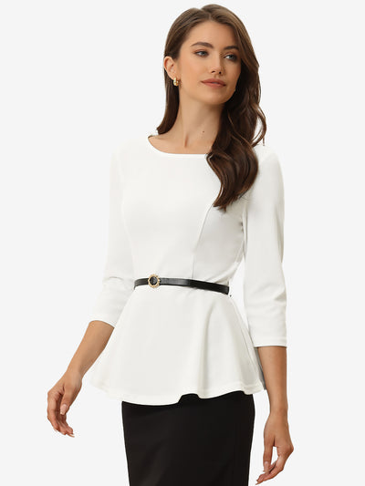 3/4 Sleeve Belted Peplum Elegant Business Work Blouse