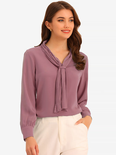 Long Sleeve Blouse Chiffon Pleated Tie Neck Office Top Shirt