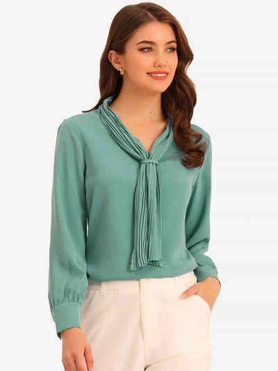 Long Sleeve Pleated Tie Neck Office Chiffon Blouse