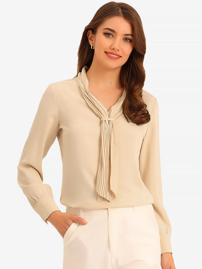 Long Sleeve Blouse Chiffon Pleated Tie Neck Office Top Shirt