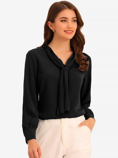 Long Sleeve Blouse Chiffon Pleated Tie Neck Office Top Shirt