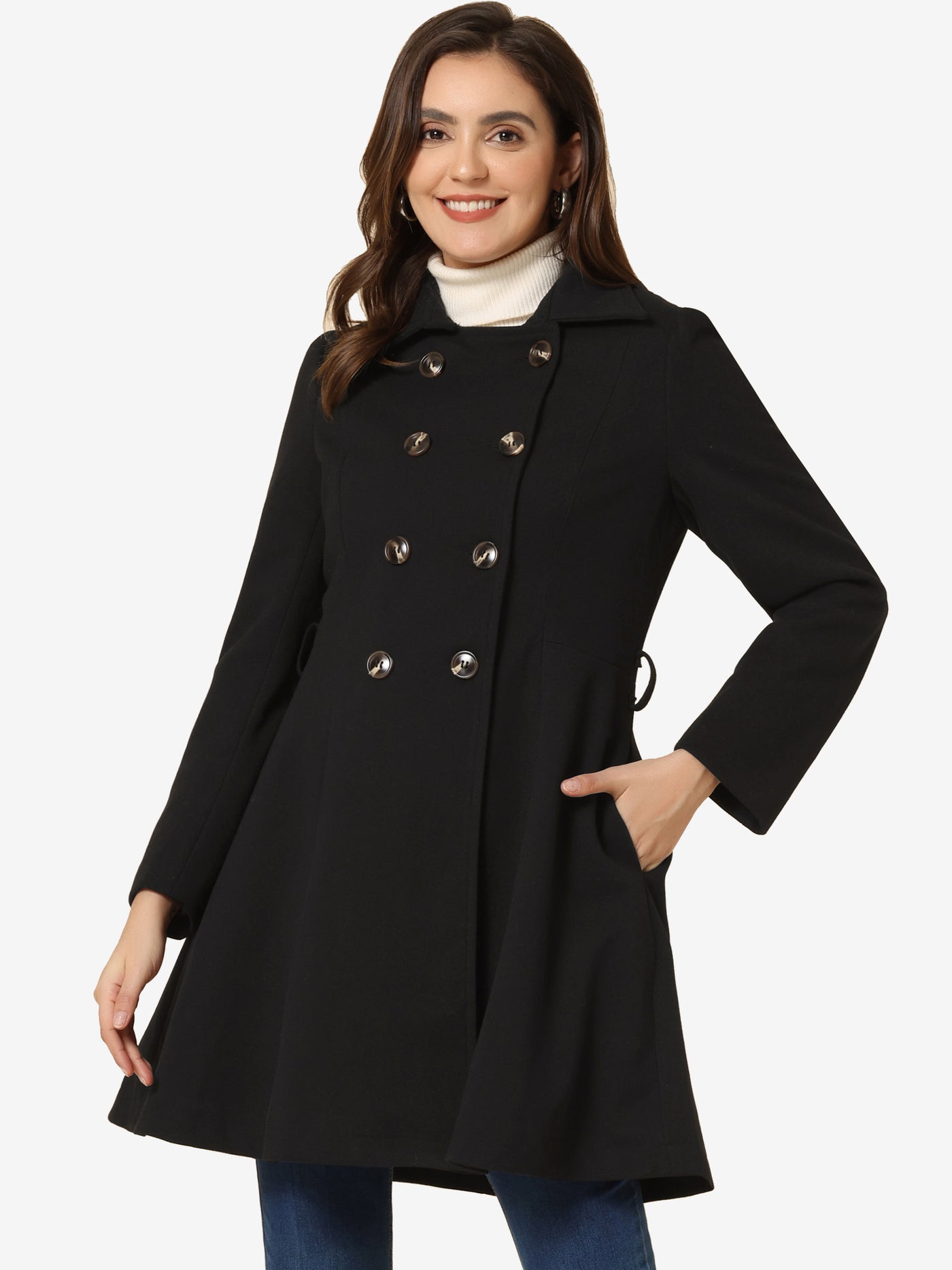 Allegra K Winter Overcoat Turn Down Collar Belted Double Breasted Long Coat