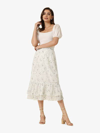 Printed Chiffon Elastic Waist Ruffle Tiered Flowy Midi Skirt