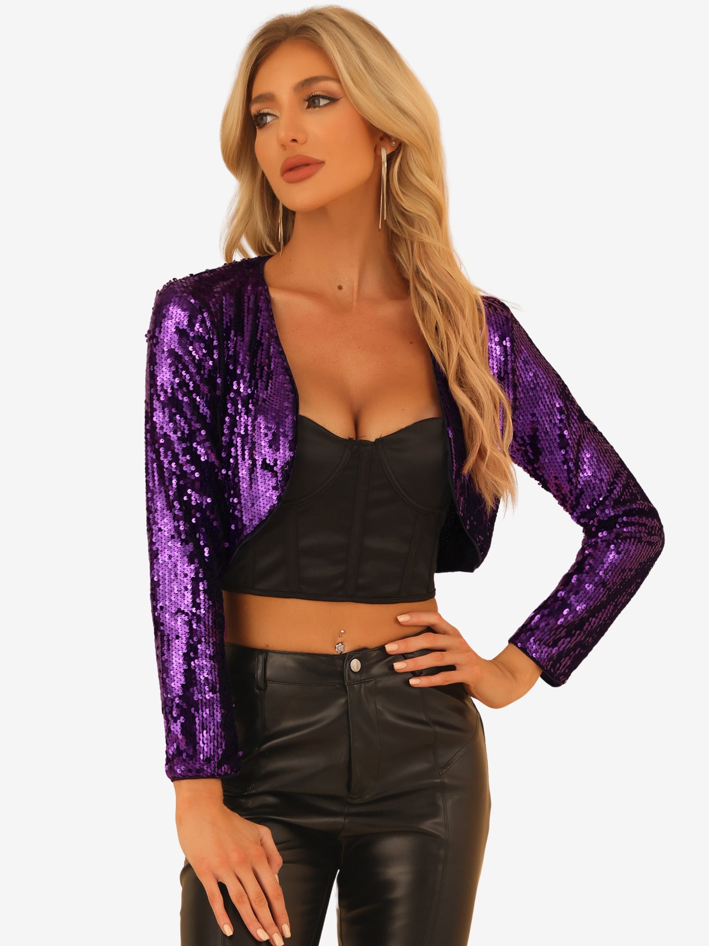 Allegra K Sequin Jacket Party Long Sleeve Open Front Crop Cardigan Bolero Shrug