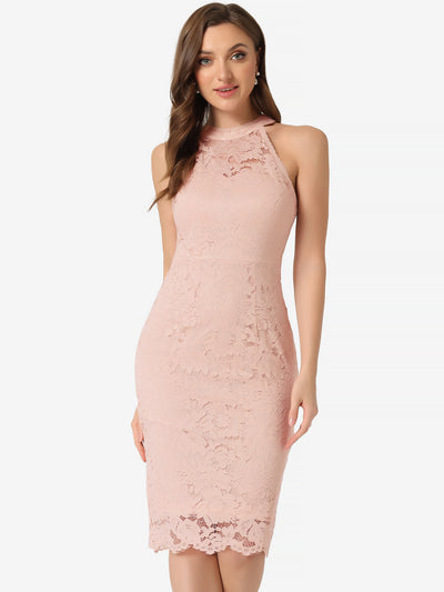 Lace Halter Elegant Sleeveless Bodycon Wedding Cocktail Sheath Dress